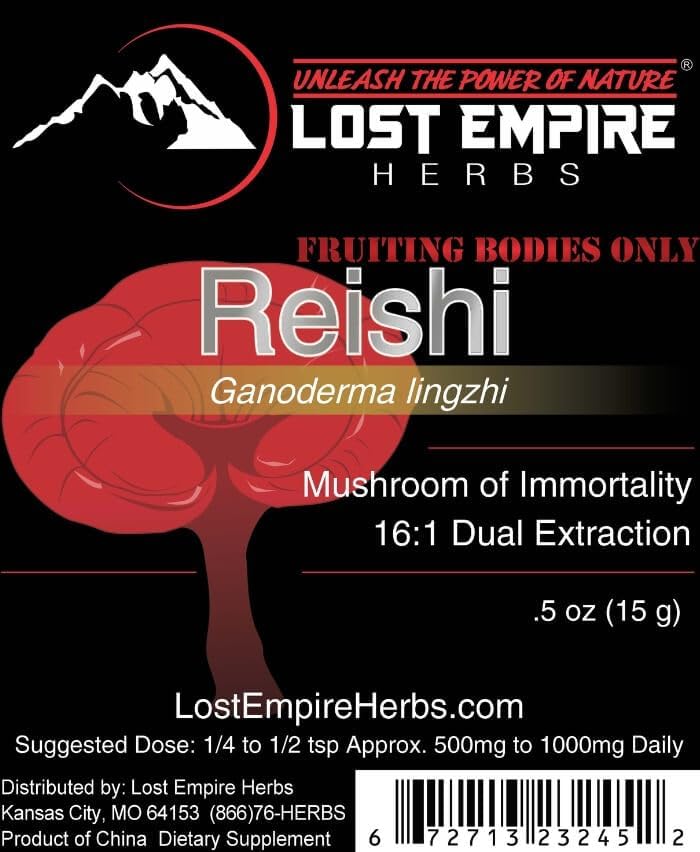 Miniatura 6 de Lost Empire Herbs Reishi (Ganoderma Lucidum) Polvo de hongos 161 Extracto doble - Orgánico - 0.53oz
