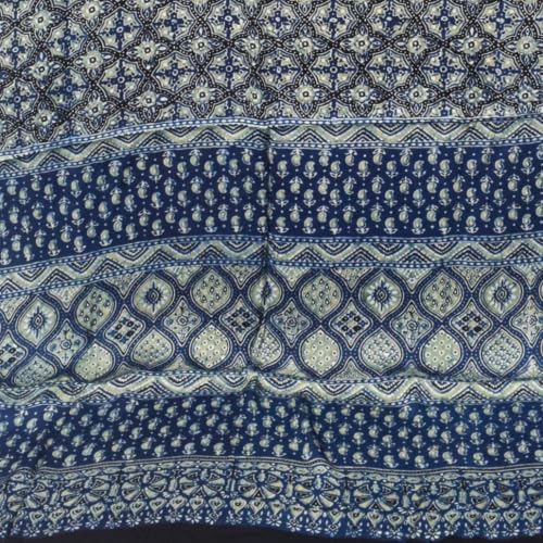 Image of Ethnics of Kutch Womenss Ajrakh Modal Silk Natural Dye Hand Block Print Saree with Blouse Piece - 5.5 Mtr Length (Indigo 09501A)