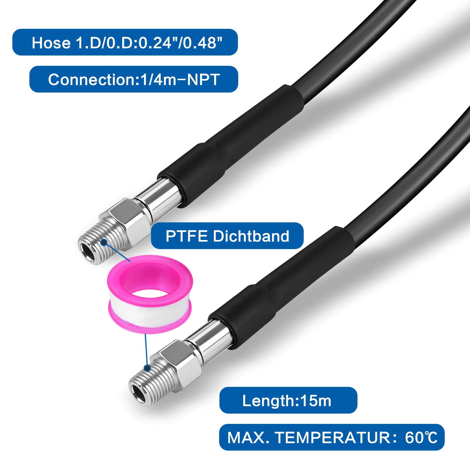 15M Tubo per Idropulitrice, 180Bar 60°C Sturatubi per Idropulitrici, Sonda Sturatubi Compatibile con Karcher K2-K7, Include 2 Adattatori, 3 Ugelli Ugelli Rigidi, 1 Rotanti, 2 Chiave e 2 Nastro Teflon