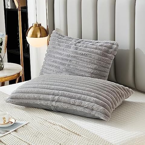 Uhamho Bed Pillowcase Standard Set of 2 Striped Faux Rabbit Fur and Velvet Back Rectangle Lumbar Pillow Covers Shams Modern Home Decorative (Light Gray, 20 x 26 Inch) Cover