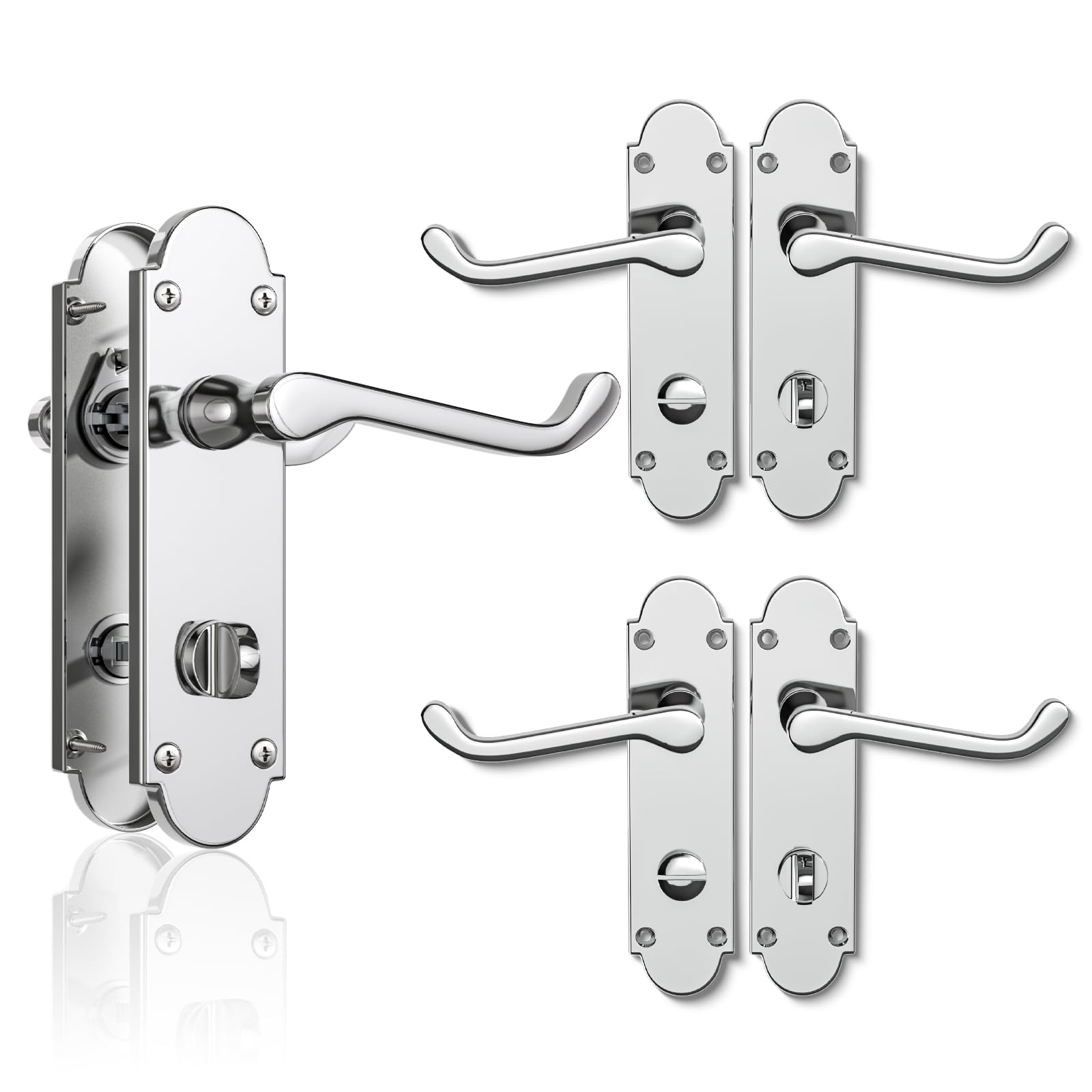 Bwintech 3 Sets Polished Chrome Richmond Lever on Plate, Latch Furniture, Backplate Door Handles, with Bathroom knob