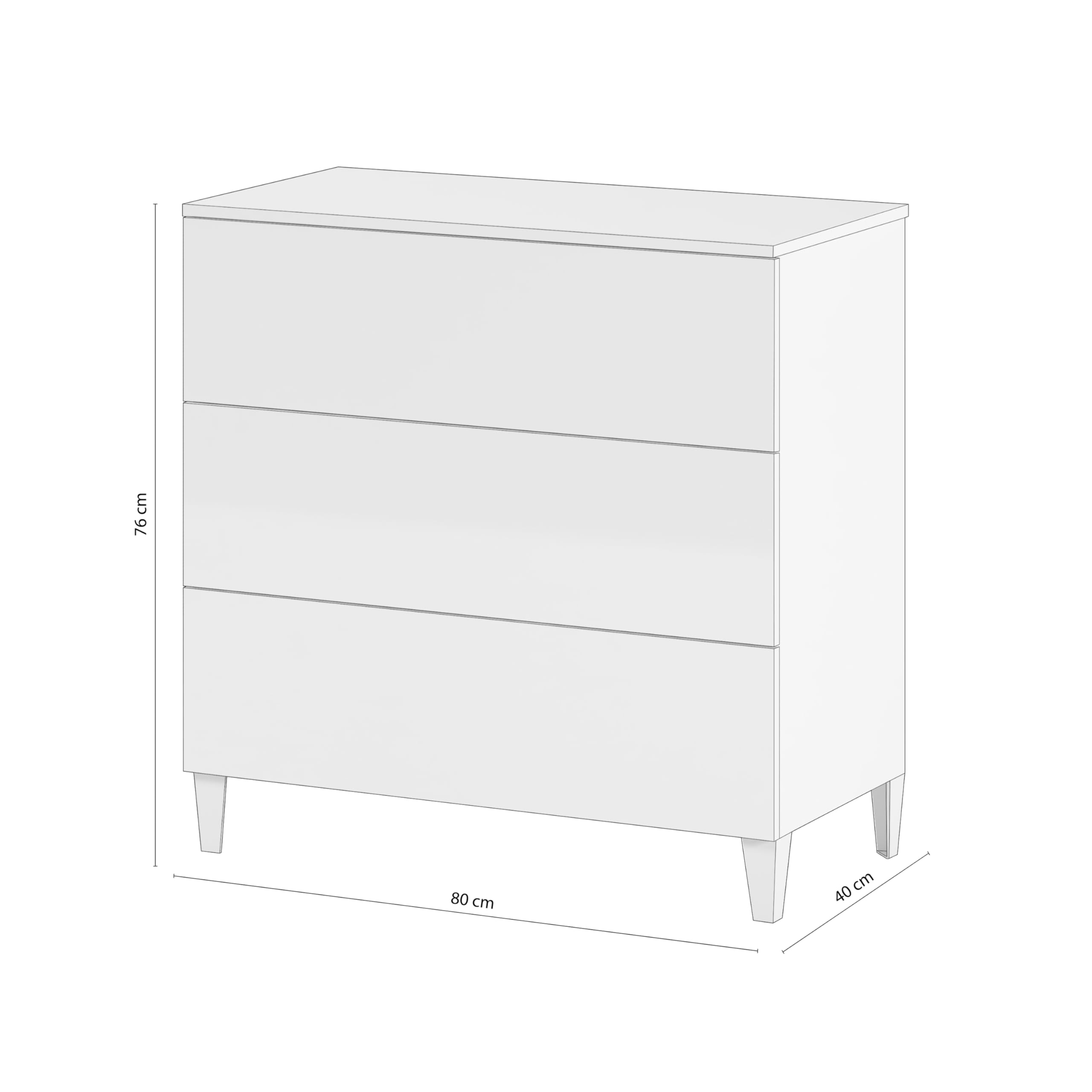 duehome | Comoda 3 Cajones, Dormitorio, Modelo Plex, Acabado en Color Blanco Brillo, Medidas: 80 cm (Ancho) x 76 cm (Alto) x 40 cm (Fondo)