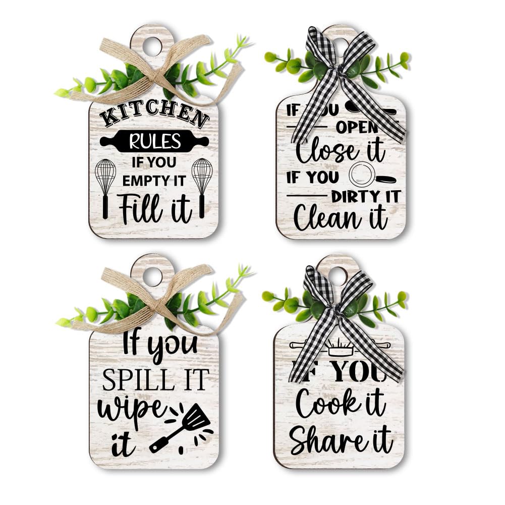 PH PandaHall 4 Styles Wooden Sign with Kitchen Rules Wall Decor Wood Cutting Board Tiered Tray with Hemp Rope Wall Decor for Home Kitchen
