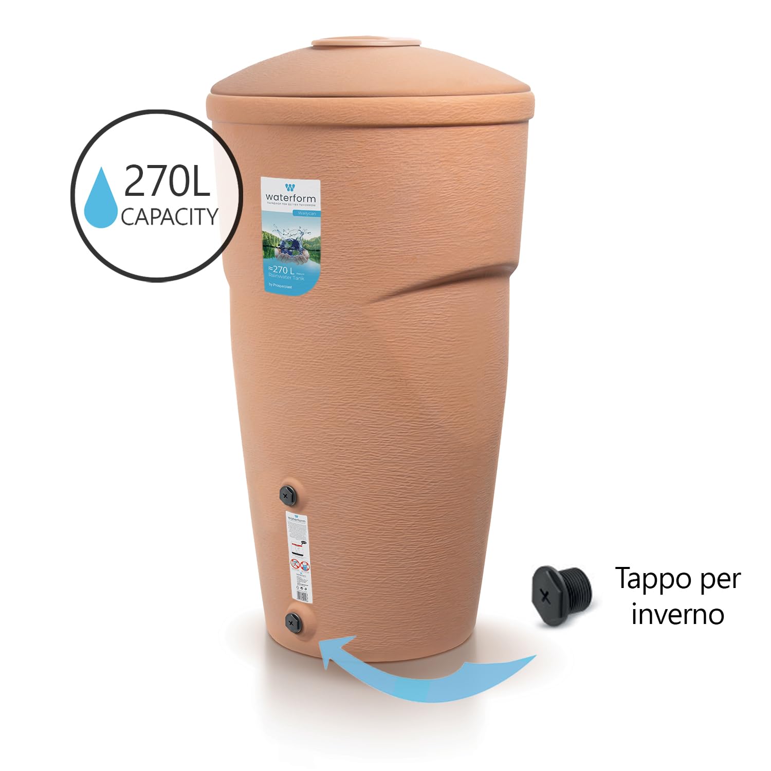 Serbatoio per Acqua Piovana Wallycan 270L | 60,2x73,1x127,8 cm | 2 Punti di Attacco | Incluso Rubinetto e Sistema di Raccolta Acqua | Cisterna da Giardino | Colore Terracotta Design Moderno