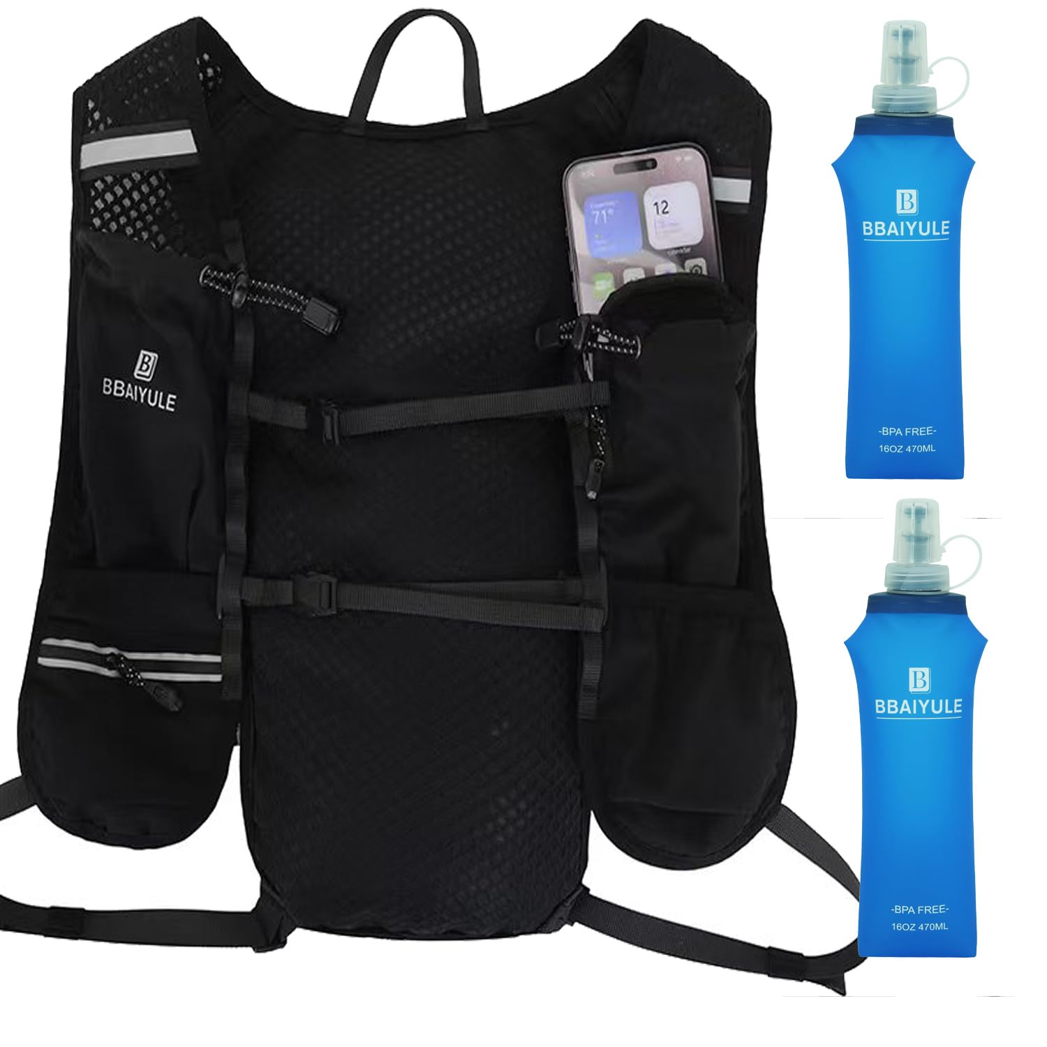 Gilet de course pour femmes et hommes, sac à dos d’hydratation avec 2 bouteilles souples de 470 ml, réfléchissant, support pour téléphone portable, léger