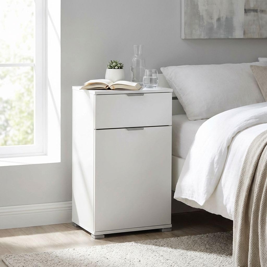milani home - comodino armadietto 1 anta e 1 cassetto 45 x 38 x 85 cm, bianco, truciolare bilaminato, Made in Italy