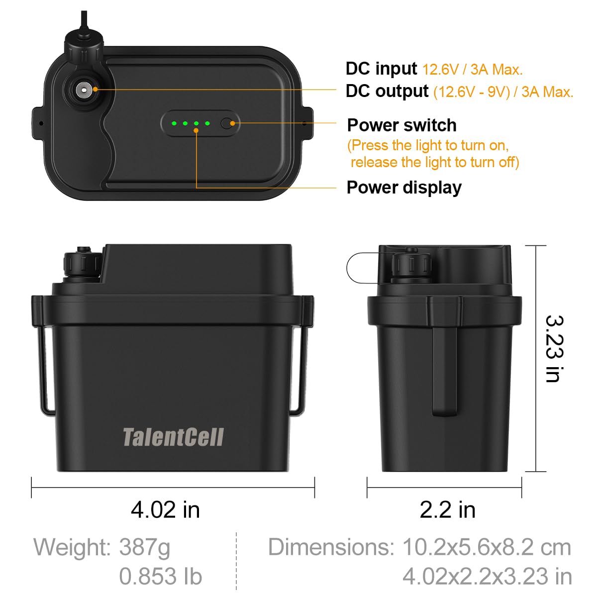 TalentCell Batteria ricaricabile agli ioni di litio da 12 V WP3200, 7000 mAh | IP67 impermeabile, uscita DC, per strisce luminose a LED, telecamere CCTV, router, con caricabatterie AC/DC 12,6 V