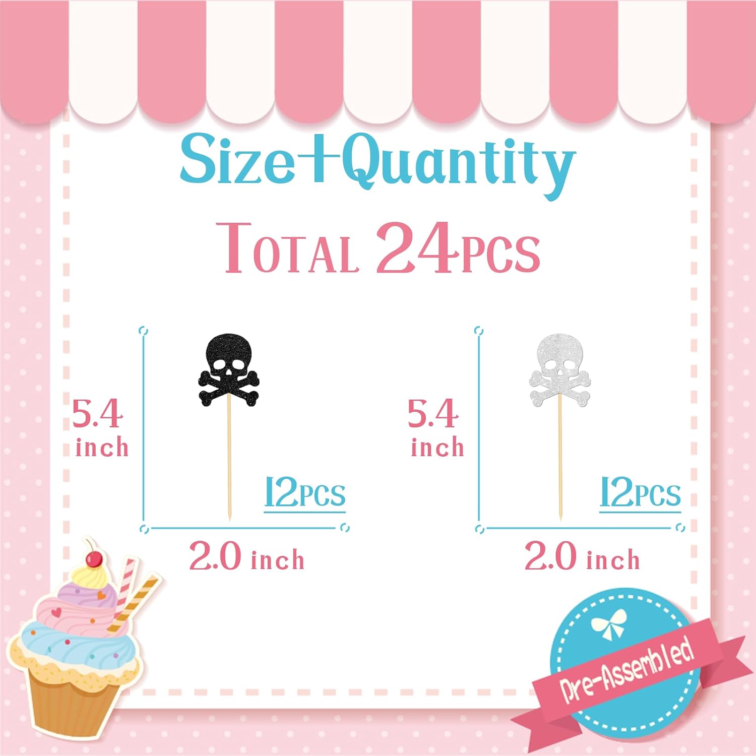 Skull Cupcake Toppers - Horror Party Cupcake Picks Decoration for Birthday Halloween - Gothic Theme Party Inspired Decor Cake Topper,24pcs