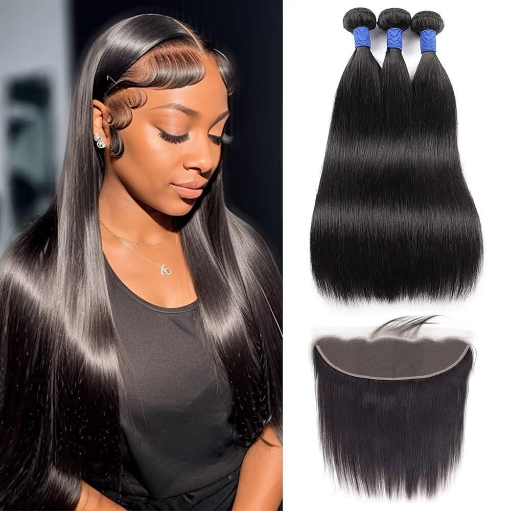 10A Straight Bundles with Frontal 18 20 22 with 16 Inch Human Hair Bundles with Closure 100% Unprocessed Brazilian Virgin Human Hair Weave 3 Bundles