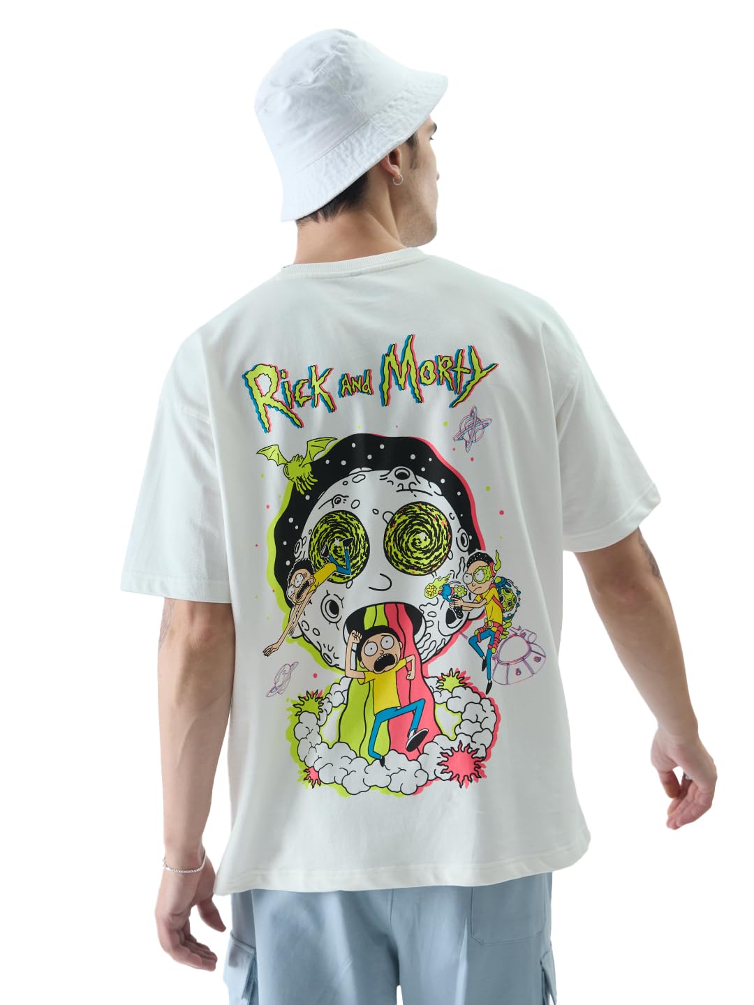 Official Rick and Morty: Morty Universe Mens and Boys Oversized fit Graphic Printed Half Sleeve Cotton White Color Oversized T-Shirts (225363)