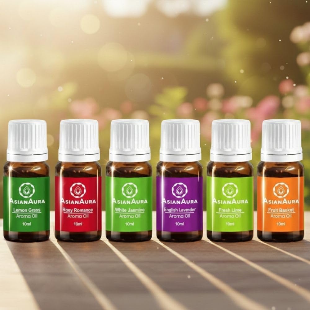 Aroma Diffuser Oil Set - English Lavender, Rosy Romance, Fruit Basket, Fresh Lime, White Jasmine, Lemon Grass (10ml Each) Pack of 6| 60ml for Home, Candle, Office