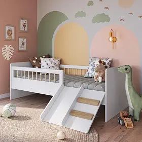 Cama Montessoriana de Solteiro com Escada e Escorrega Linha Affetto Branca