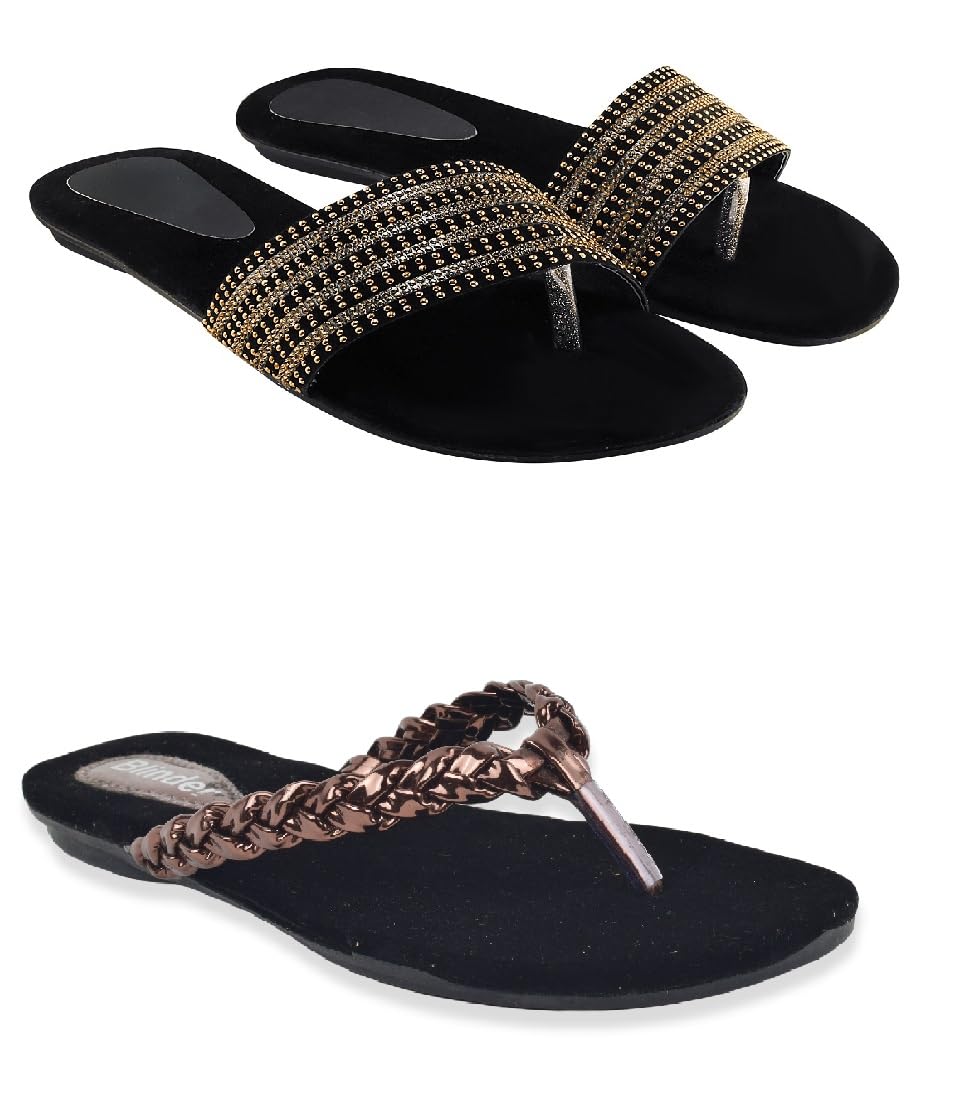 Women's Braided Strap Flip Flops, Black Velvet Footbed, Chain Crystal Embellished