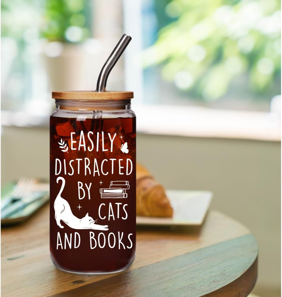 Christmas Cat Book Lovers Bookish 16oz Glass Cups with Lid & Straw Gifts for Bookworm Readers Women, Best Reading Accessories Gift for Cat Lover - Reading Writer Women Glass Cup Book Club Gifts