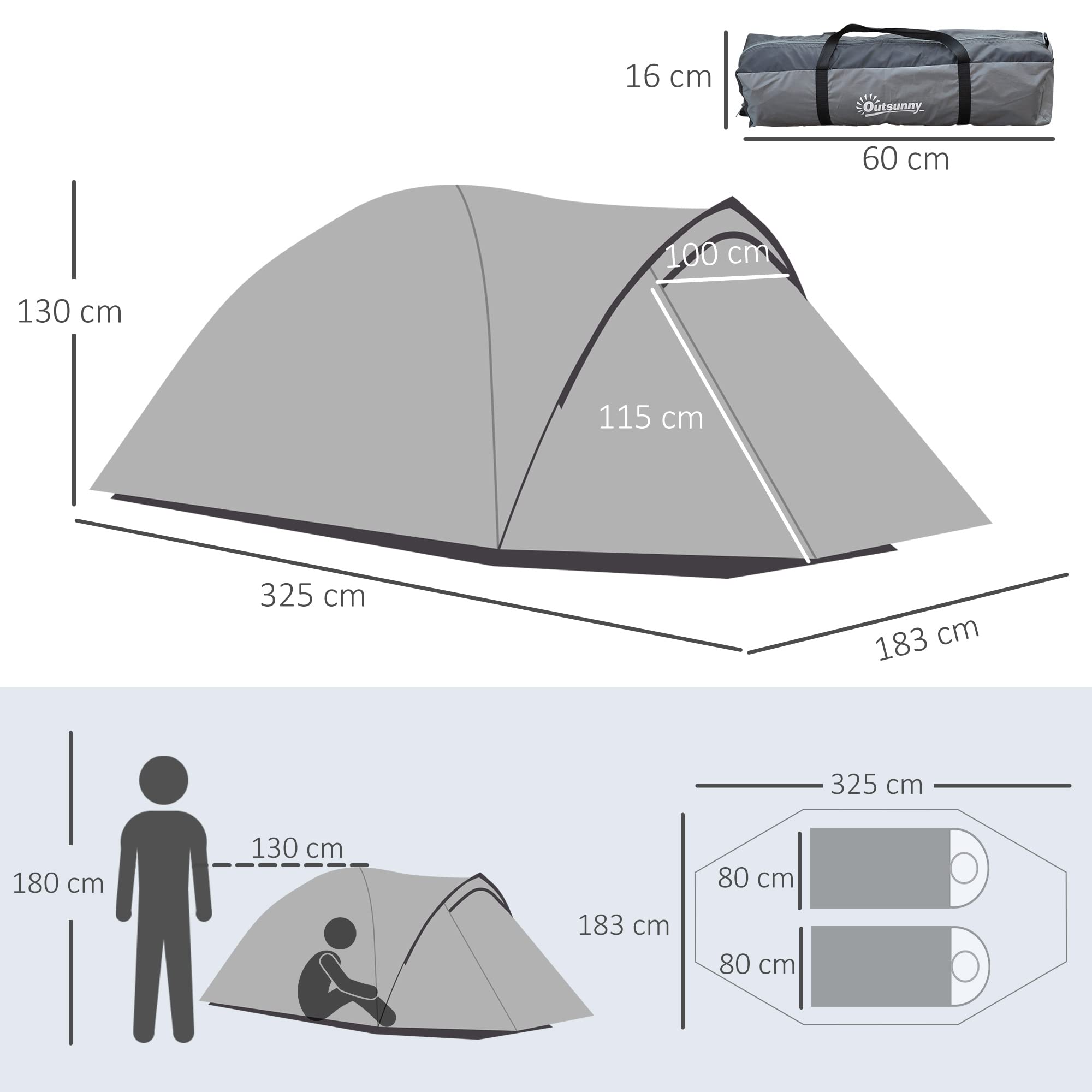 Outsunny Tenda da Campeggio 2 Posti Impermeabile con Vestibolo, Finestre e Porte con Cerniera, 325x183x130cm Grigio