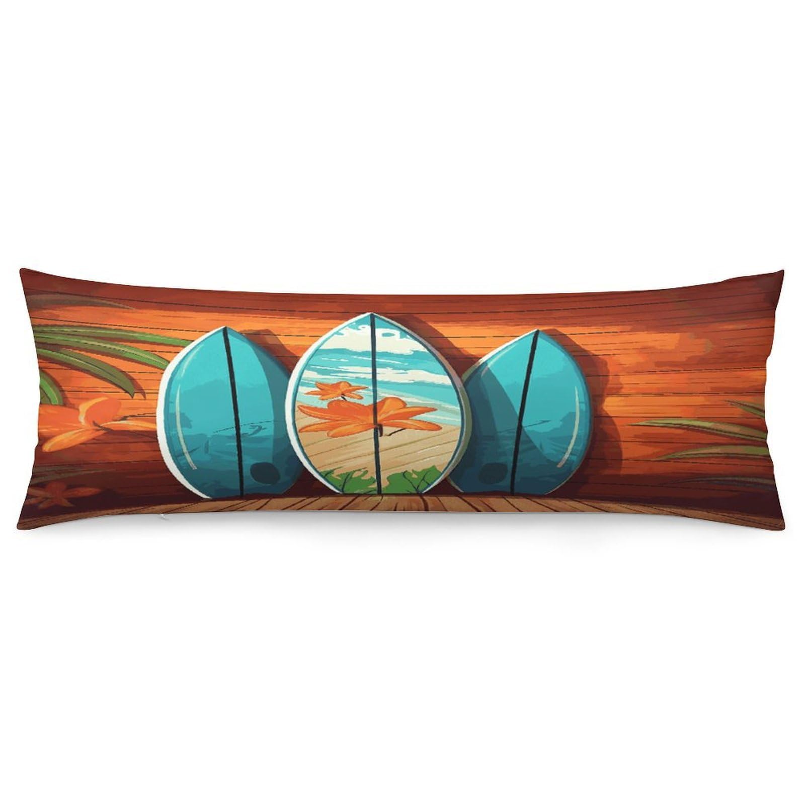 Surfboard on Wooden Pillowcase Decorative Long Body Pillow Case Soft Breathable Body Pillow Cover Modern Large Pillowcase Cute Body Pillow Pillowcases for Bedroom Couch 18.9 X 53 Inch