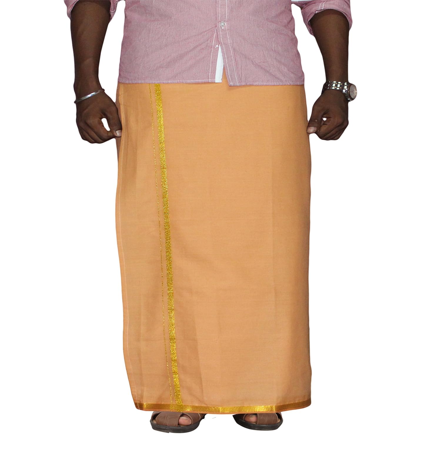 Prakasam Cotton Men's Single L.Kaavi Colour Fine Quality Welcro Pocket Jari Dhoti With Matching Jari Towel (Hip Size -44)