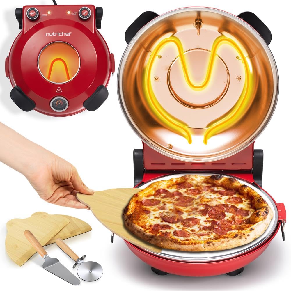 NutriChef Elektryczny piekarnik do pizzy, 1200 W, z kontrolą temperatury i termometrem, okno do precyzyjnego gotowania, podgrzewa do 800 °F, łatwa do czyszczenia, powłoka nieprzywierająca, kolor