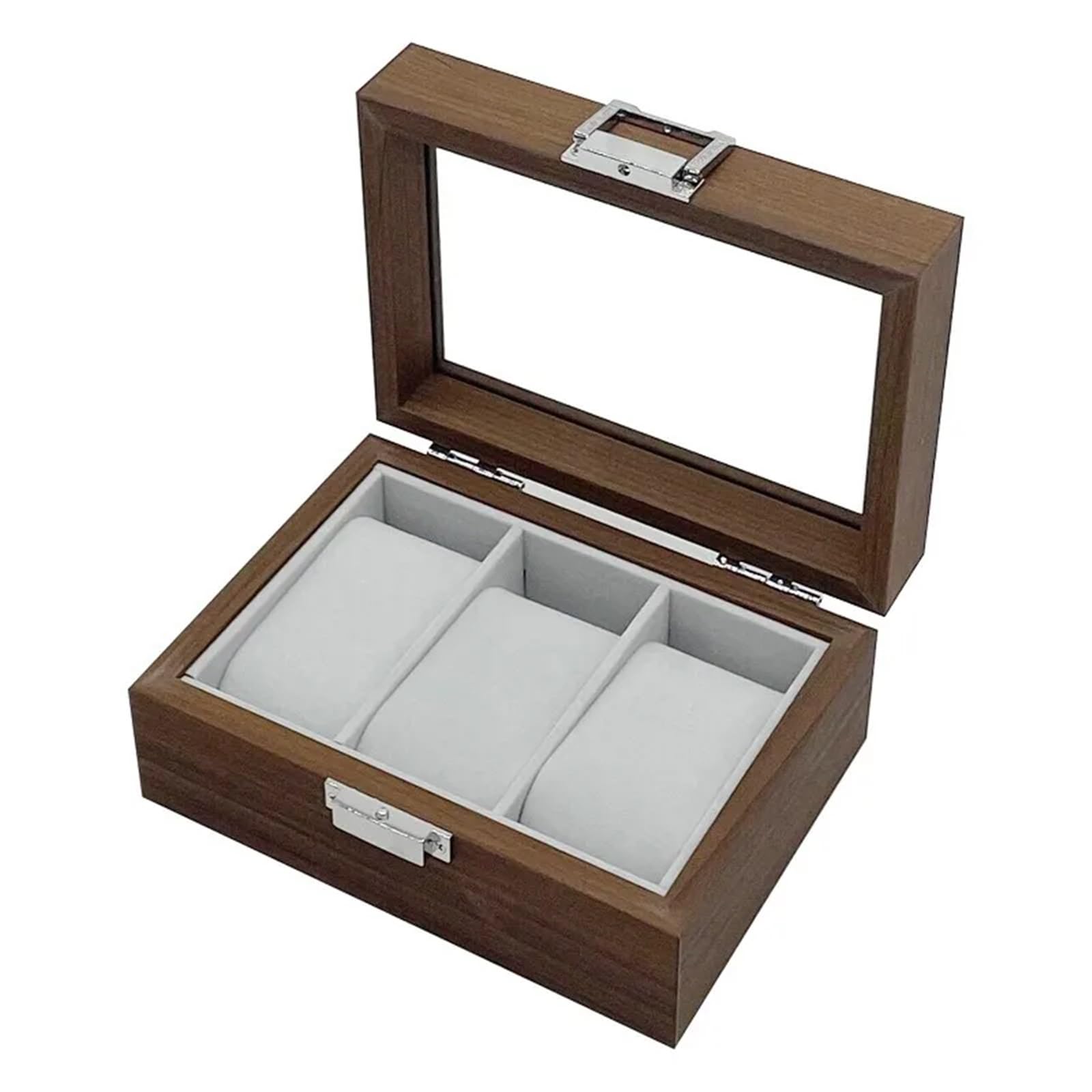 SHENJMAI Watch Box 3 Slots Retro Series Walnut Dark Wood Box for Watch Jewelry Glass Lid With Grey Velvet Interior