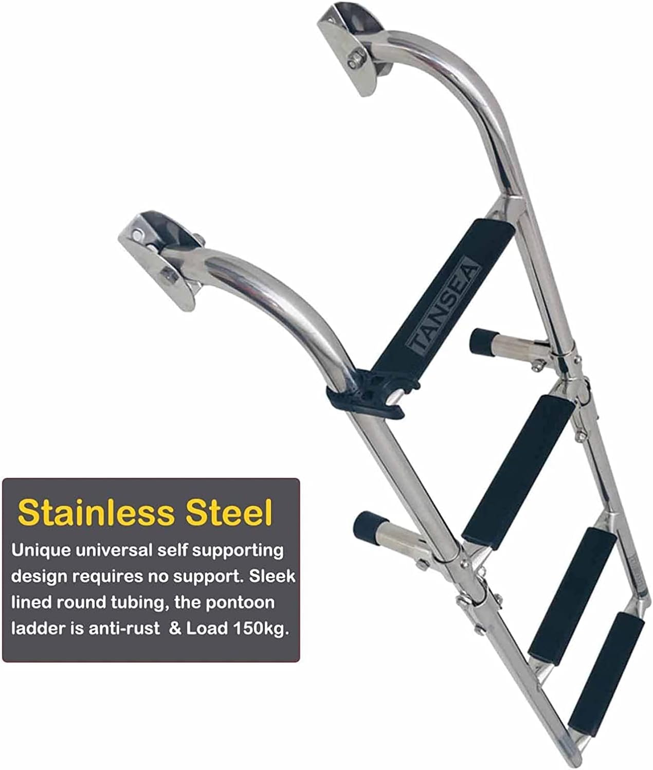 Small Side Boat Ladder 4 Steps for Fishing Boat, Folding Pontoon Dock Ladder with Mount Fittings, Heavy Duty Flip-up Marine Yacht Stern Ladder