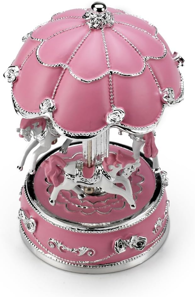MusicBoxAttic Exquisite World's Fair Style Pink Canopy with Silver Accents Animated Musical Carousel-Many Songs to Choose-Hush Little Baby