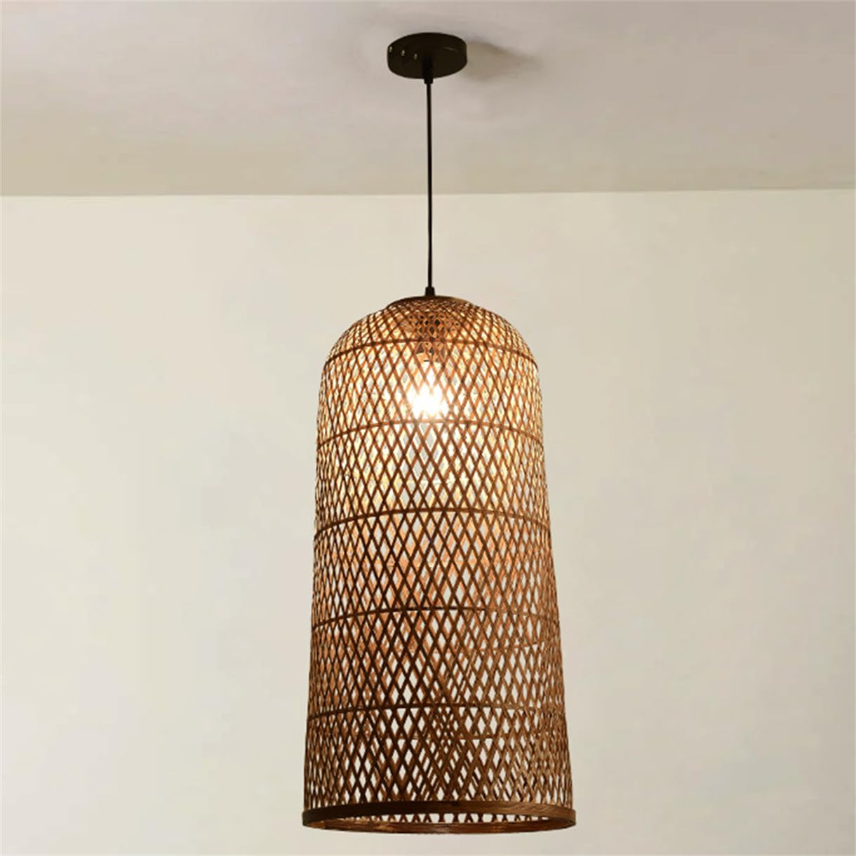 SHUANGZ Vintage Long Bamboo Art Pendant for High Ceiling Wicker Light Fixture Creative Zen Rustic Rattan Lantern Lighting Hotel Decor Bamboo Art Weaving Pendant Lamp for Coffee Bar Corridor