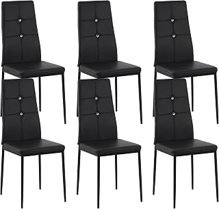 HOMCOM Juego de 6 Sillas de Comedor Tapizada en PU Sillas de Cocina Modernas con Respaldo Alto con Botones y Patas de Acero para Salón Dormitorio Negro