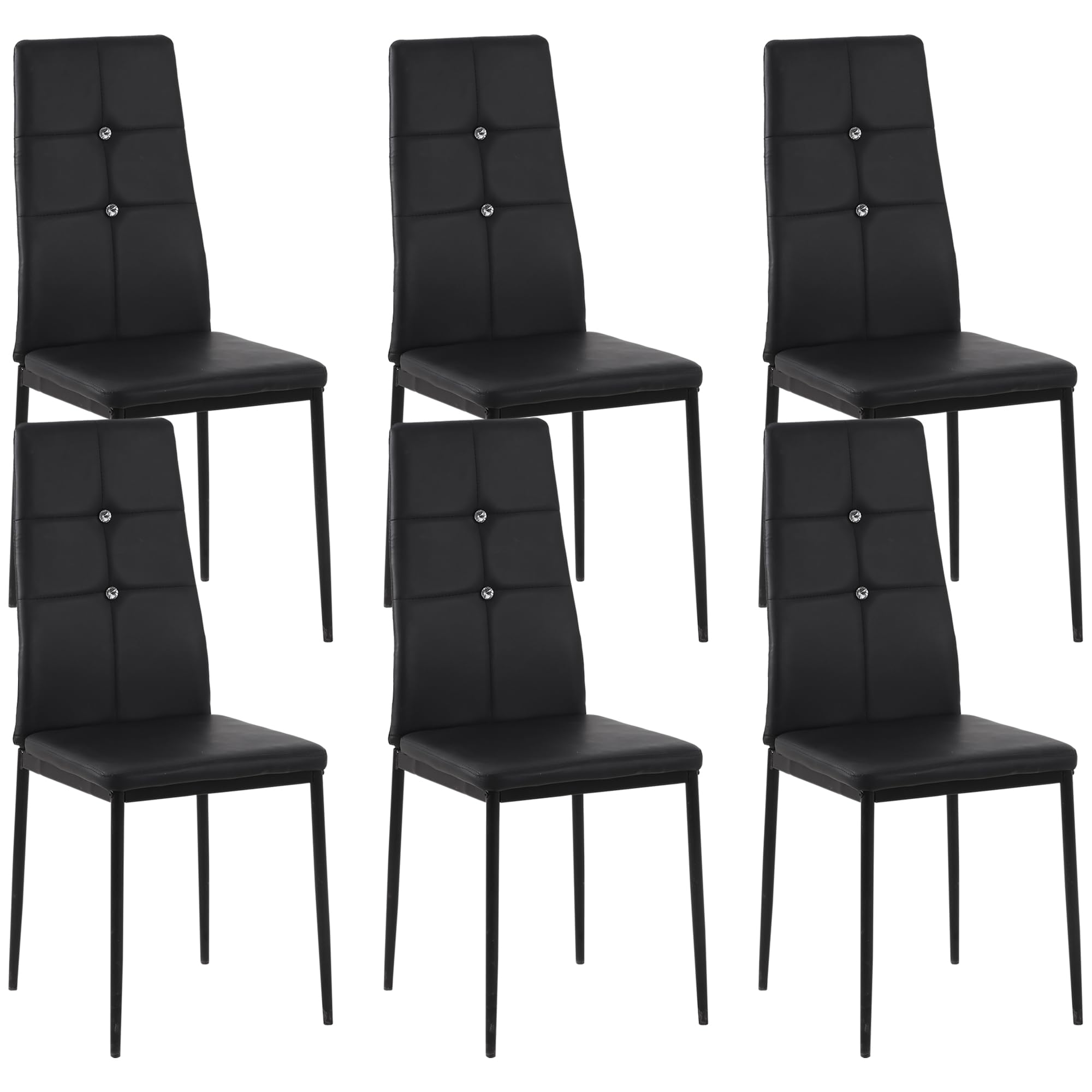 HOMCOM Juego de 6 Sillas de Comedor con Respaldo Alto para Salón Negro | Tapizada en PU, Sillas de Cocina Modernas, Botones, Patas de Acero, Dormitorio