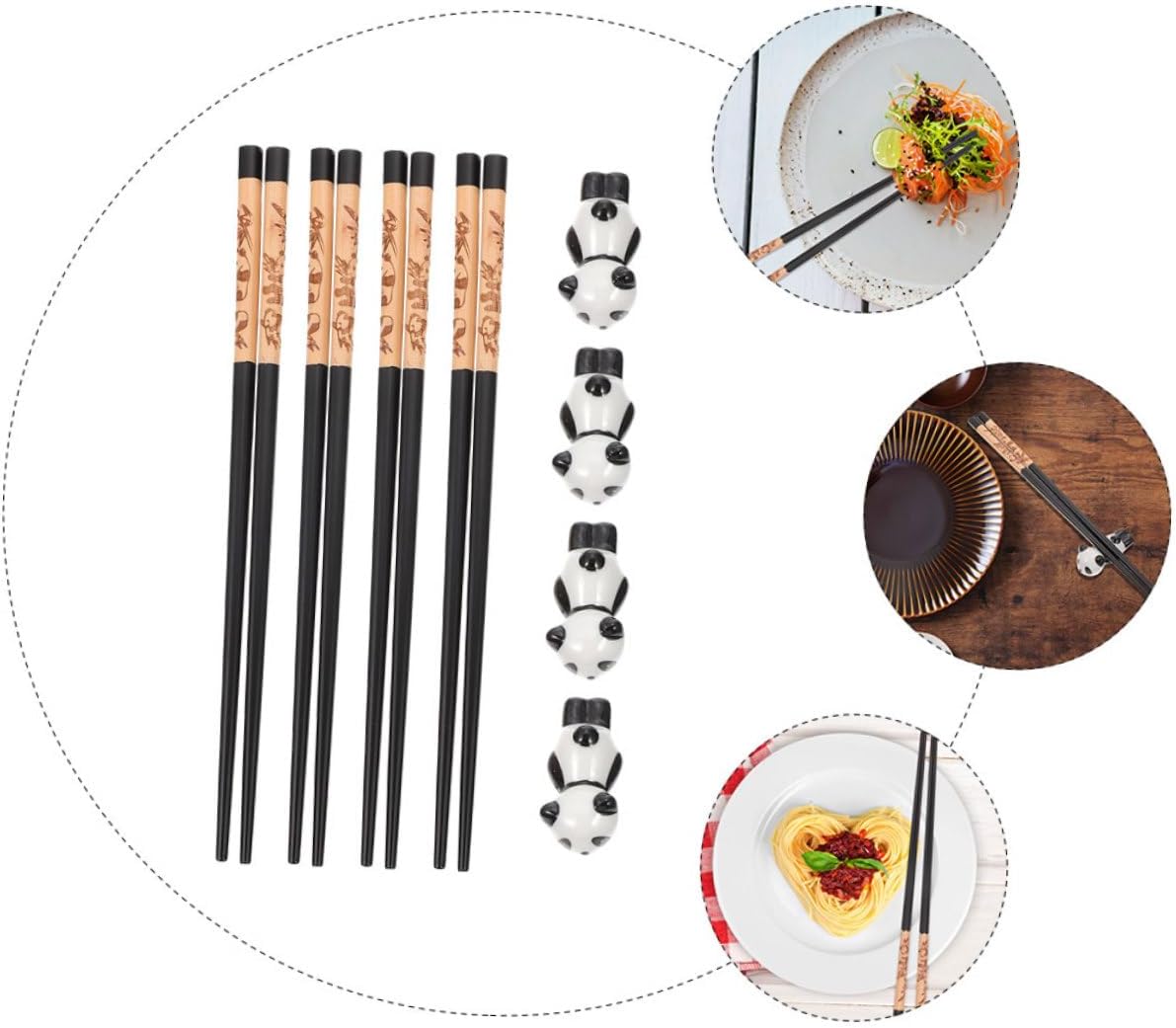 VICASKY Panda Ceramic Chopsticks Rest Set with 8 Reusable Chopsticks, Dishwasher Safe Porcelain Holder for Kitchen and Travel, 12pcs Household Dining Box