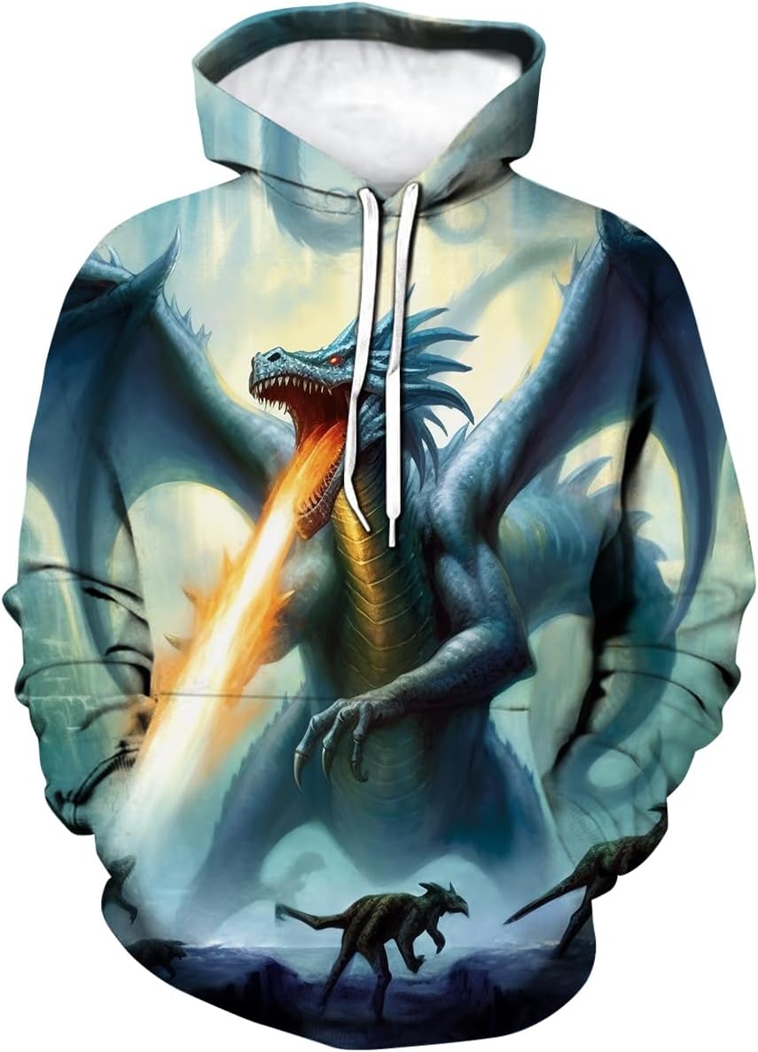 LAOLIUSN Men's Dragon Hoodie - Fantasy Theme, Animal Graphic Sweatshirt