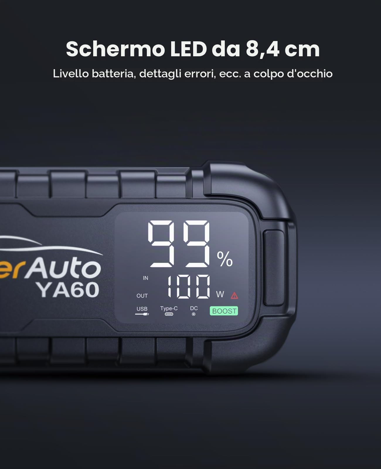 YaberAuto YA60 Power bank di avviamento per auto, con picchi di corrente da 6000 A, carica rapida da 45 W, schermo LCD da 3,3", torcia LED da 600 lumen