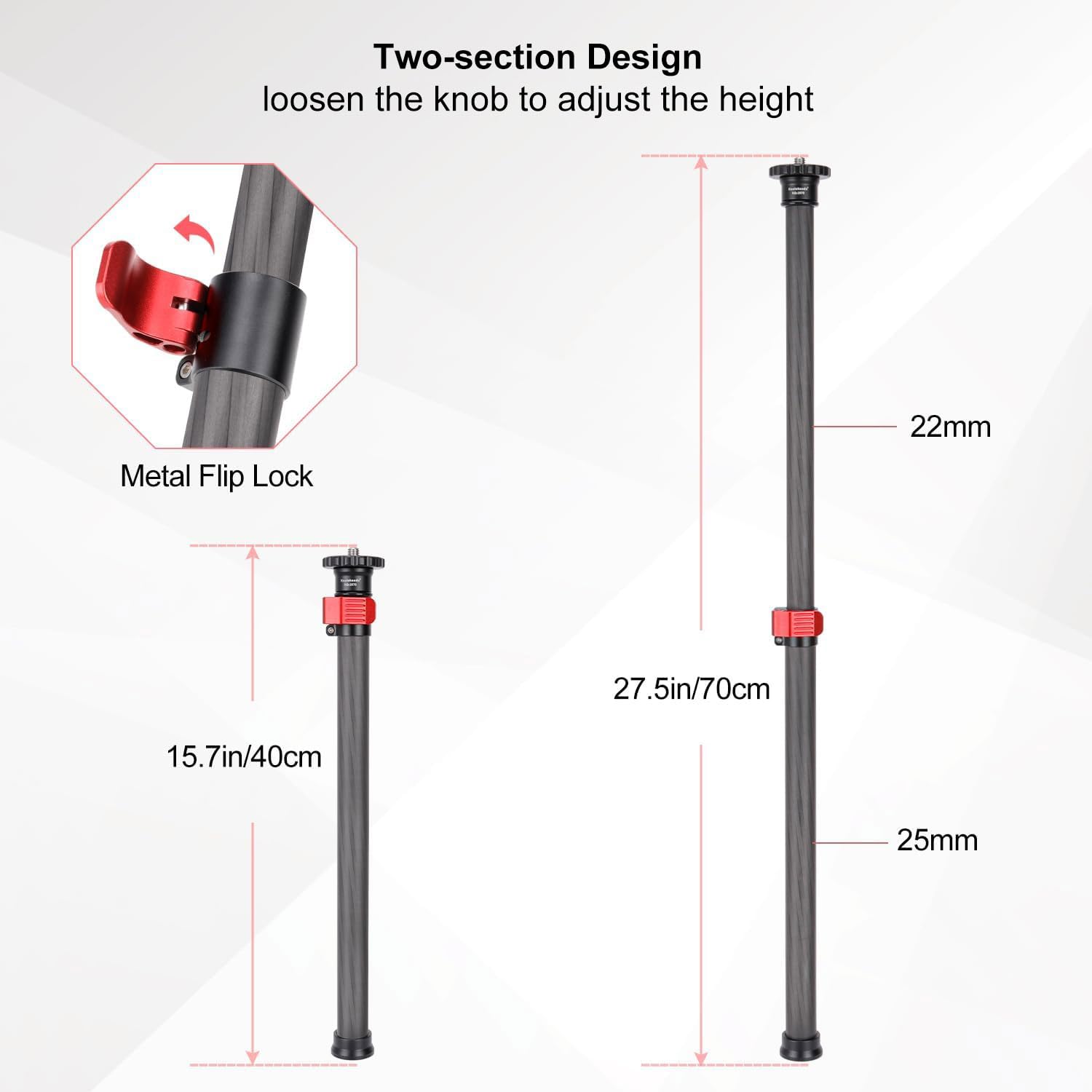 Koolehaoda Tube d'extension 70cm Rallonge de Trépied Télescopique en Fibre de Carbone avec vis de 1/4" à 3/8" pour Appareils Photo, Trépieds, Monopodes, Charge maximale de 15 kg