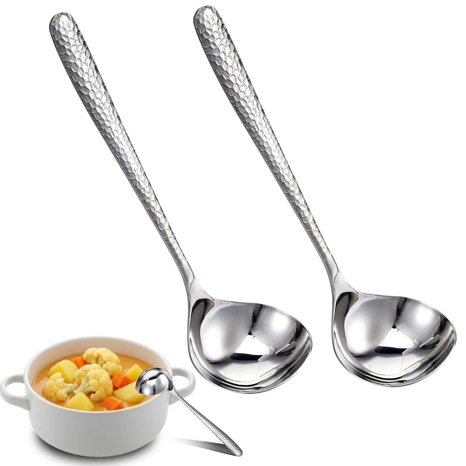 2 Pcs Deep Soup Spoons 7.87" Stainless Steel Soup-Spoons Large Round Soup-Spoon for Cereal Bouillon Milk Soup and Dinner Guests (Dishwasher Safe)