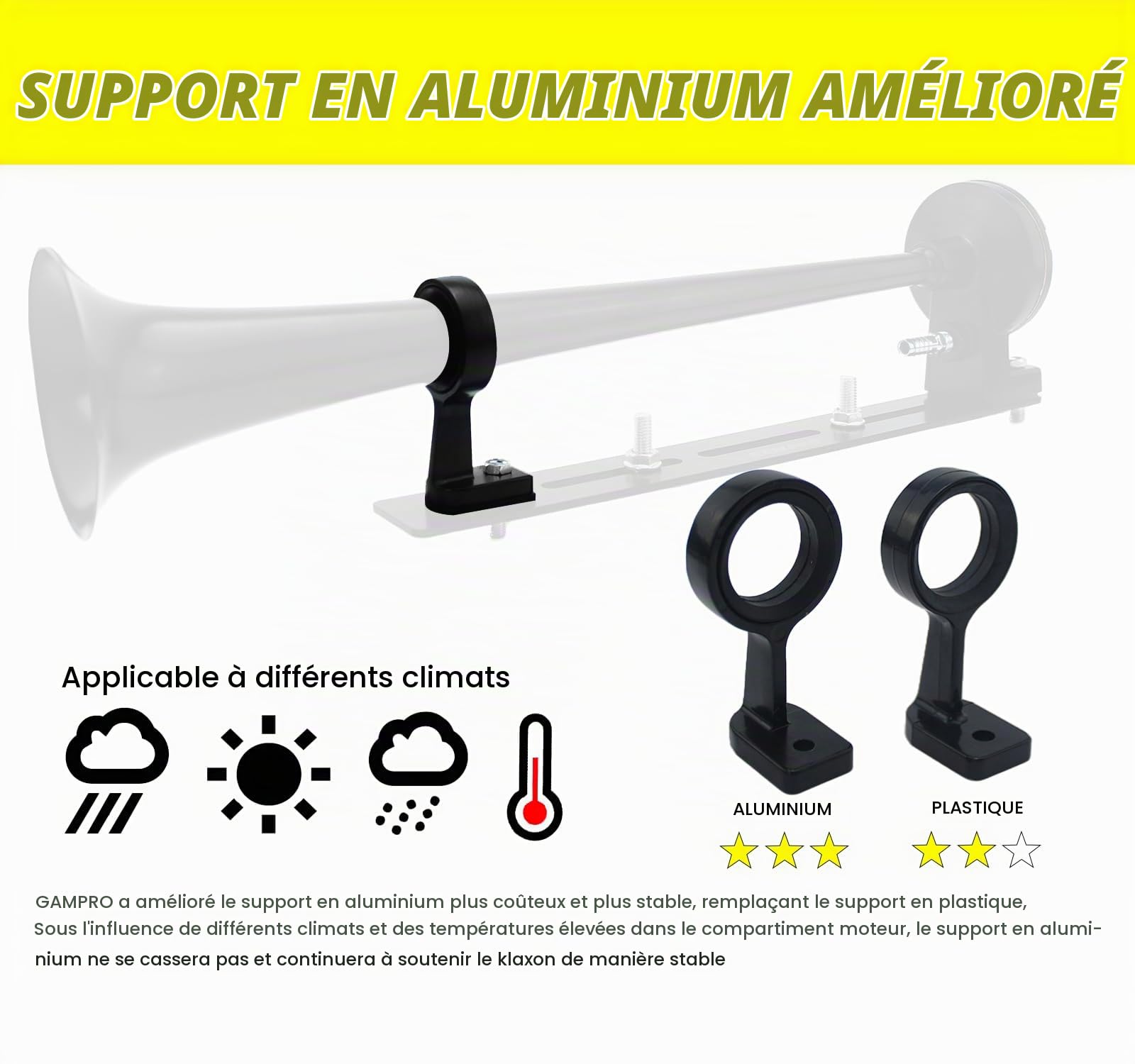 GAMPRO Klaxon de camion, 12 V 150 dB, double trompette, chrome zinc, avec compresseur, pour tous les véhicules 12 V, camions, trains, bateaux, voitures et camionnettes (blanc)