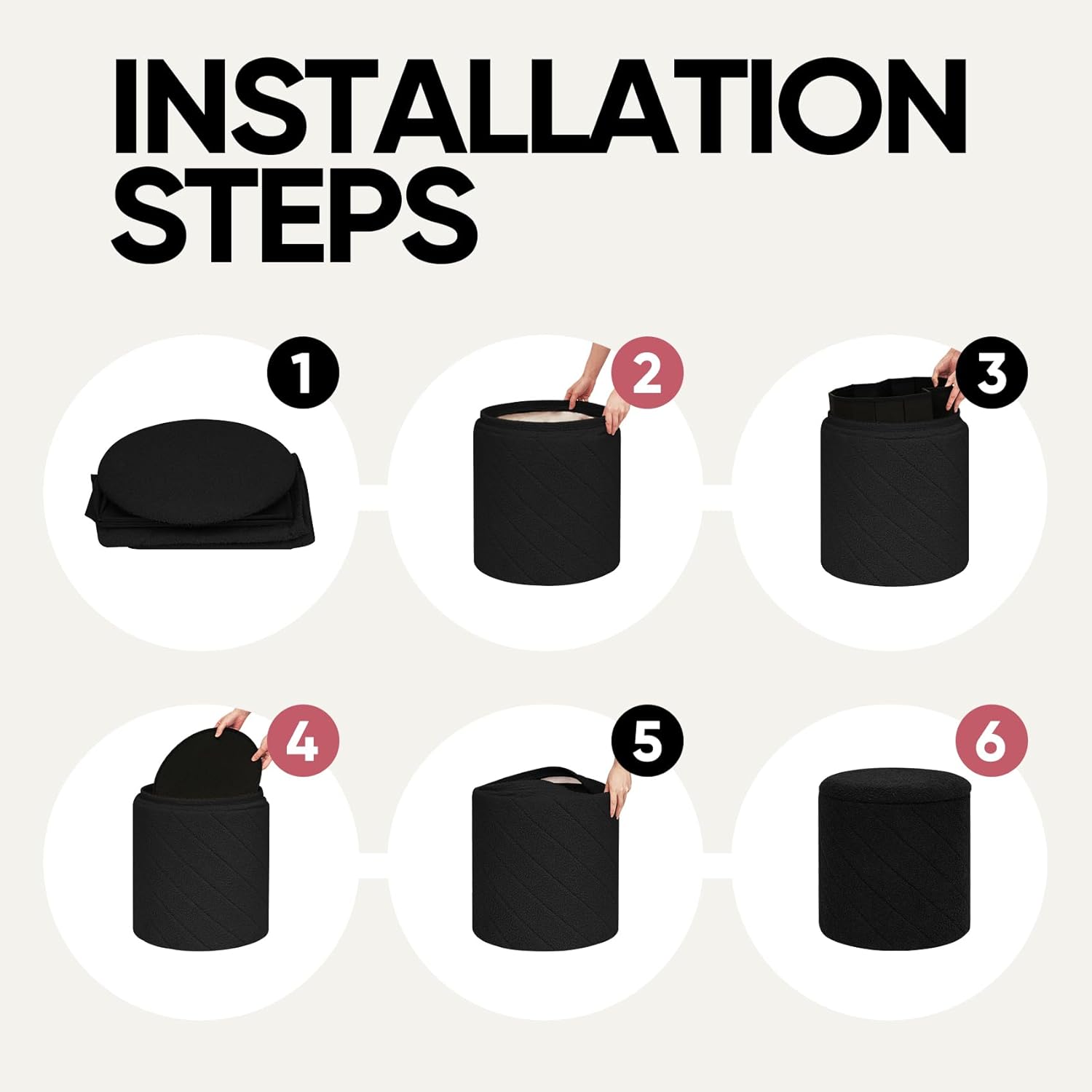 Round Ottoman with Storage - Foldable Stylish Coffee Table for Living Room & Bedroom - Space-Saving Ideal for Home Decor and Organization for Families & Individuals-Black