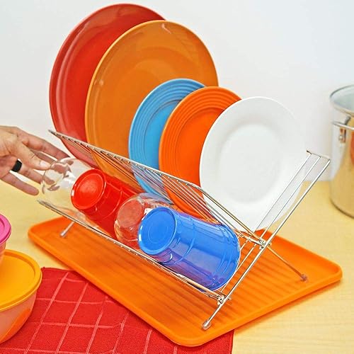 Miniatura 4 de Southern Homewares Escurridor de platos con escurridor plegable, organizador de utensilios de cocina naranja para platos, cuencos y tazas