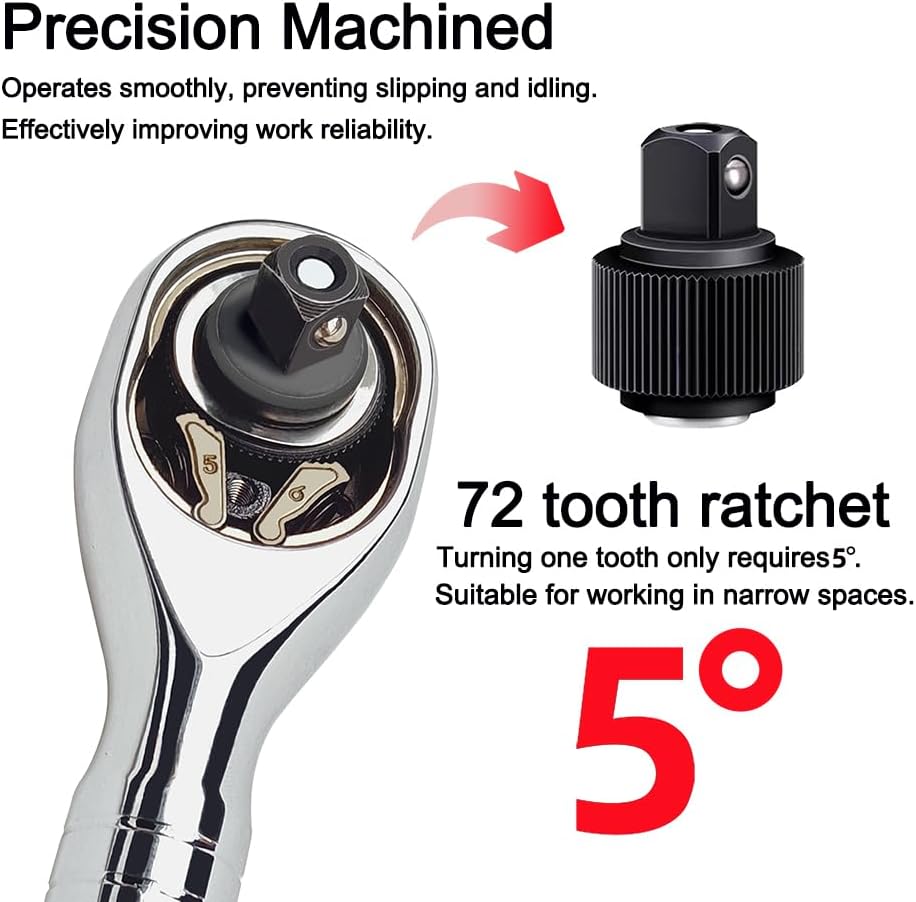 StrugDeas 3/8-Inch Drive Ratchet Wrench, 72-Tooth Stubby Quick-Release Socket Wrench with a Extension Bar(5 inch), Reversible Switch, Chrome Alloy Made, Full-Polished Chrome Plating