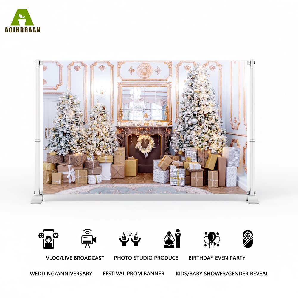 Aoihrraan 3x2,5m Navidad Sala Estar Telón De Fondo Chimenea Árbol Navidad Brillantina Guirnalda Oro Regalos Blanco Retro Muralla Europea Fotografía Familia Niñas Niños Retrato Estudio Fotográfico