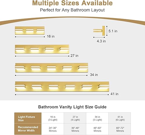 Miniatura 4 de Modernas luces LED de baño (3 luces), iluminación de pared acrílica dorada de metal, luces de tocador para baño sobre espejo (6000 K 16 pulgadas)