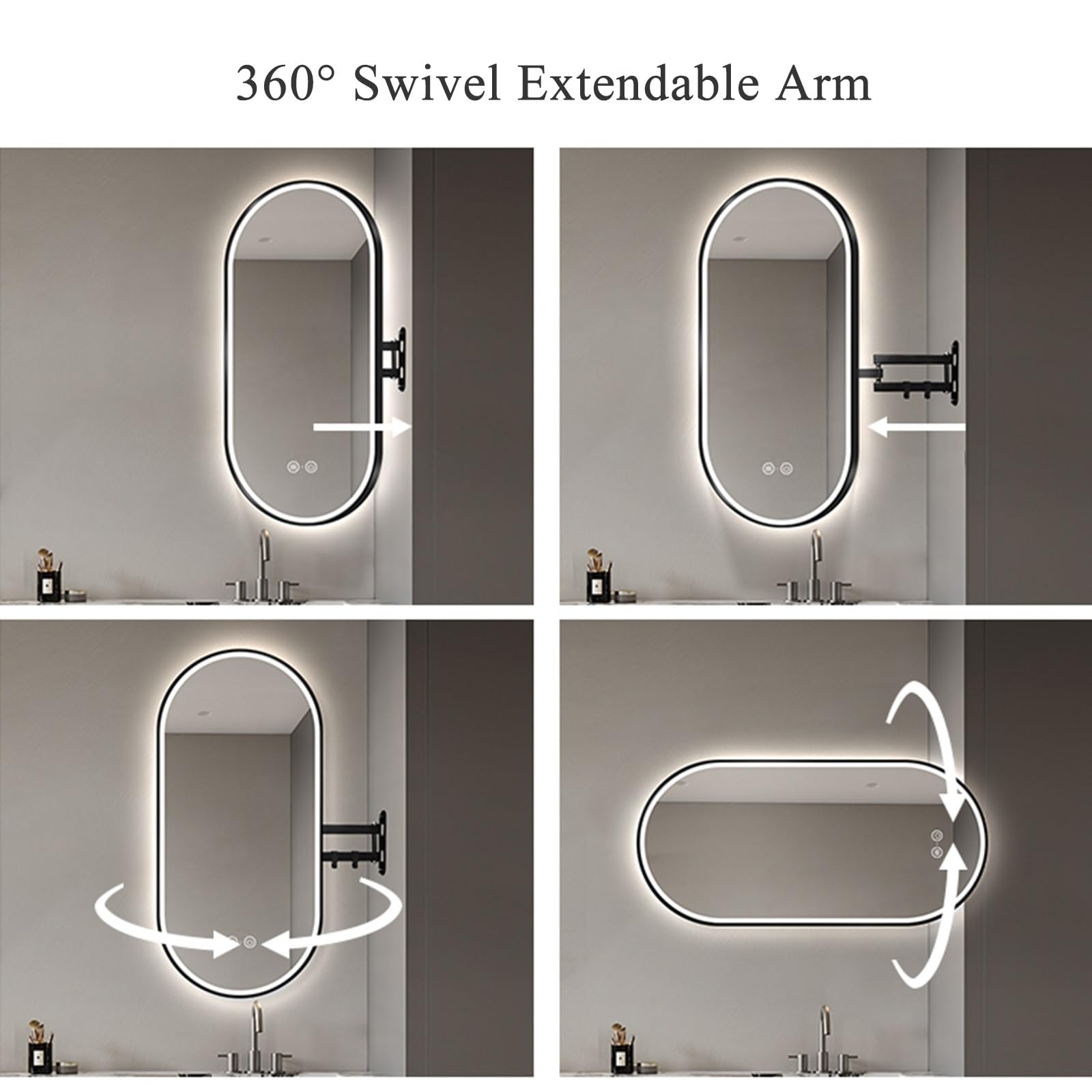Specchio per il trucco ovale illuminato con braccio oscillante a 3 colori anti-appannamento, in metallo elegante per la casa e la bellezza, perfetto per toelettatura e toelettatura, 50 x 80 cm