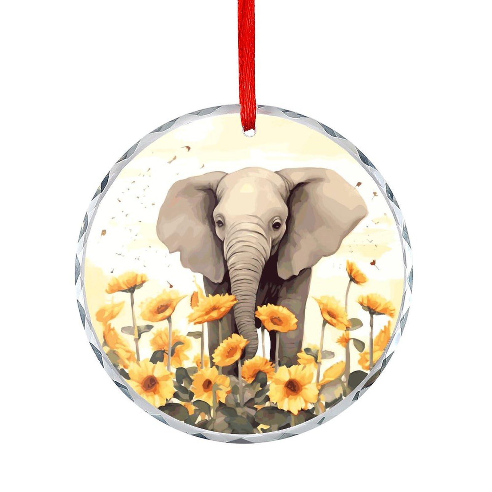 Fodpand Women's Style Elephant And Sunflower Round Glass Ornament Keepsake Gift Exchange Ideas Car Decor,Christmas Ornaments For Tree Window Garden Ornaments