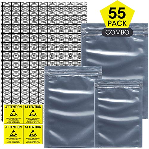 Rancco Anti Static Bags ESD Shielding Bag w/Labels, 55 Pc Mixed Sizes Open