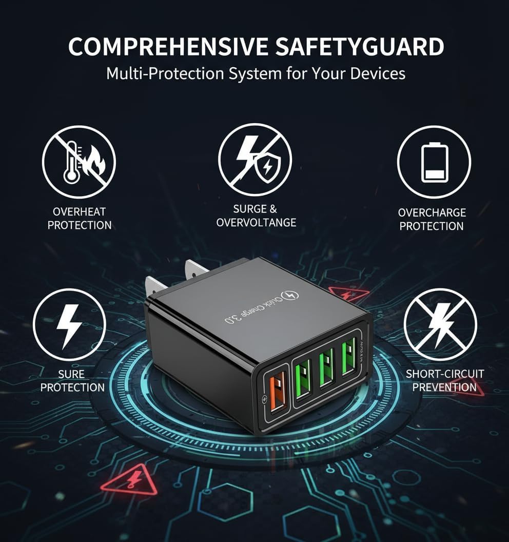 Phone Charger, 4-Port Wall with Intelligent Temperature Control, Intelligent Temperature Charging Universal Compatibility, Portable Charger, Fast Charging Block (Black*2pcs)