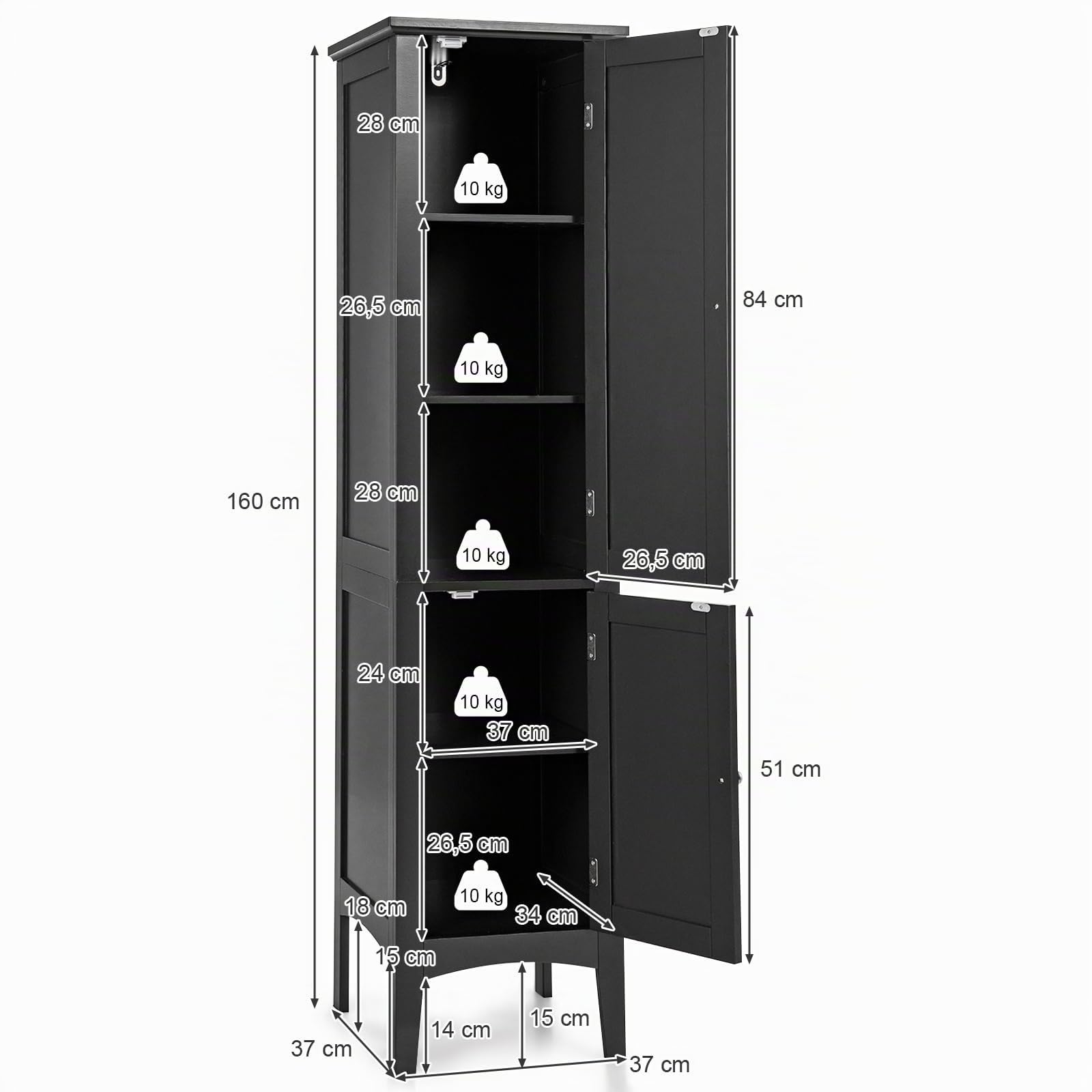 COSTWAY Mobile da Bagno Alto con 2 Ante 37 x 37 x 160 cm, Nero