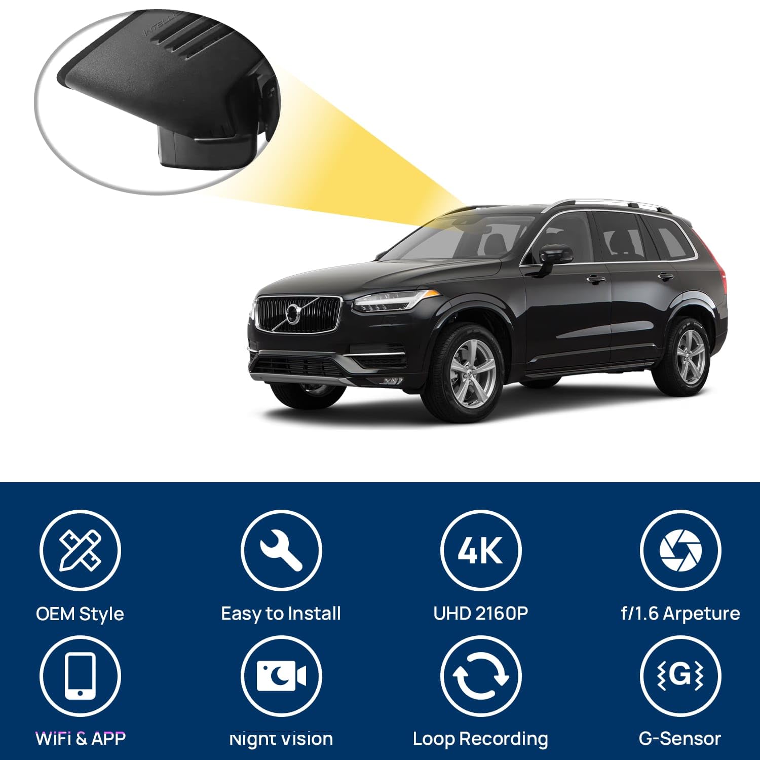 4K WiFi Kamera samochodowa dla Volvo XC90 2016-2022 T5 T6 T8, zasilanie OBD, noktowizor, nagrywanie w pętli, kamera przednia, karta 128 GB, samochodowy rejestrator DVR