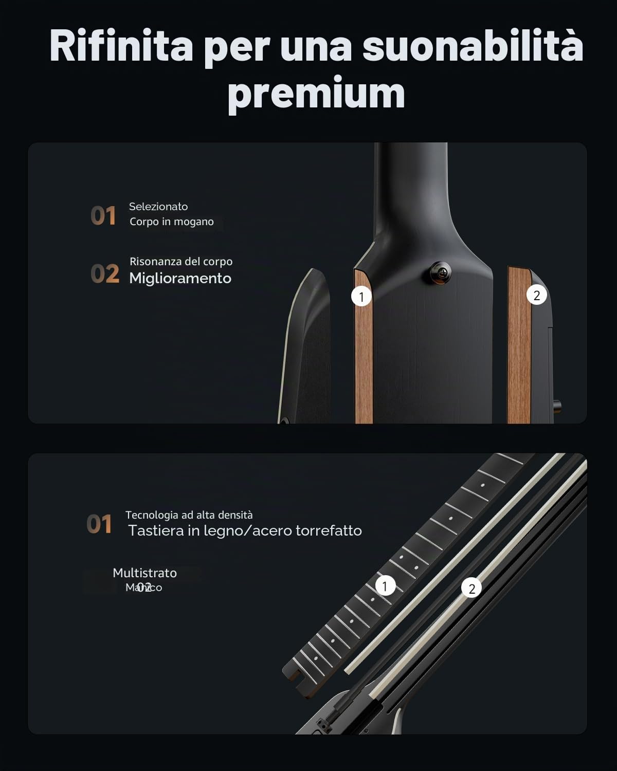 Donner HUSH X PRO Kit Chitarra Elettrica – Chitarra da viaggio intelligente con dozzine di combinazioni preimpostate, 7 opzioni di simulazione del tono, Nero