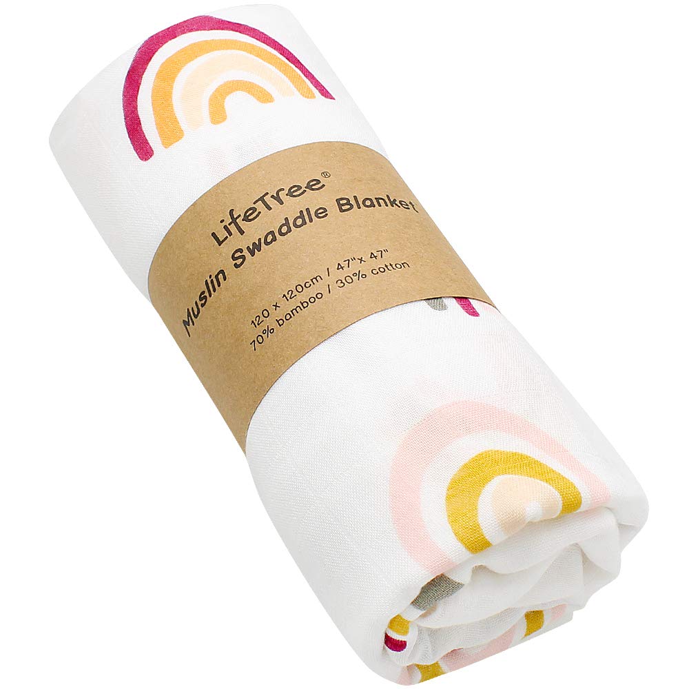 LifeTree Baby Muslin Swaddle Blanket, Rainbow Print Newborn Muslin
