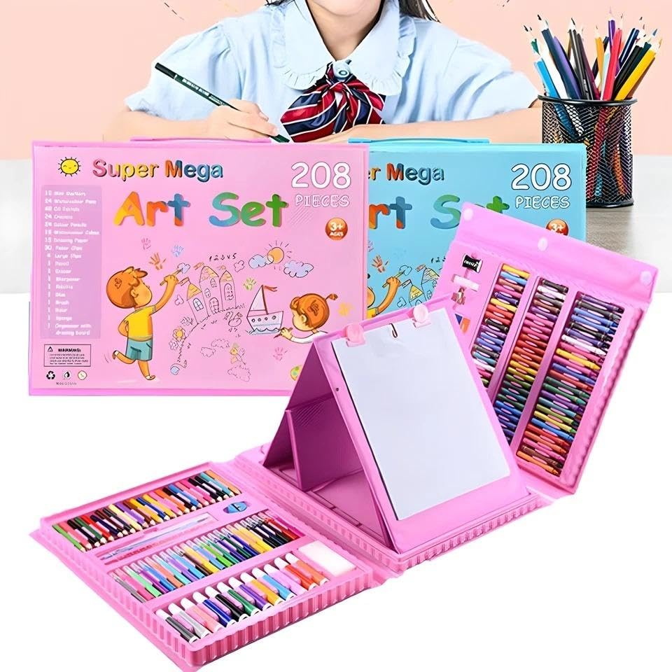 D.I.L Super Mega Art Set 208 Pieces Kids Drawing & Painting Kit with Colouring Pencils, Markers, Oil Pastels & Crayons in Portable Red/Blue Case – Creative Art Supplies Gift Set for Children (Pink)