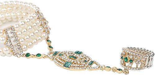 Miniatura 5 de Metme 1920s Flapper Pulsera Anillo Set Gatsby Accesorios Imitación Perla Cristal Pulsera Anillo Ajustable
