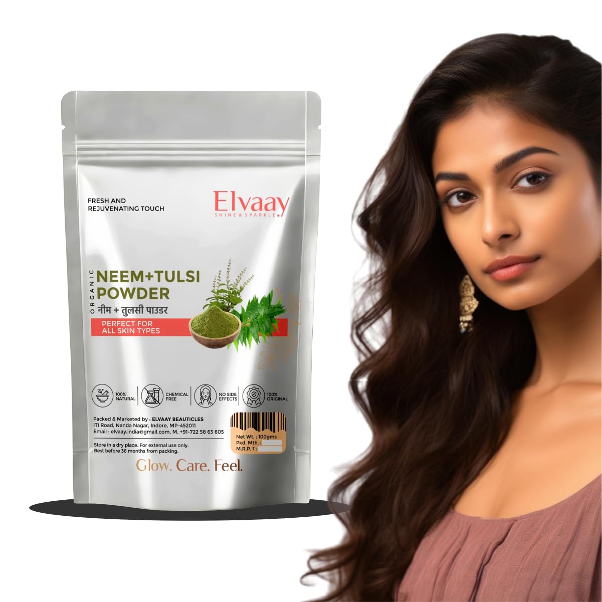 Elvaay Neem Tulsi Powder, Dead Skin Remover for Body, Detan Scrub, Herbal Face Mask for Skin Infections, 100g-picture-19